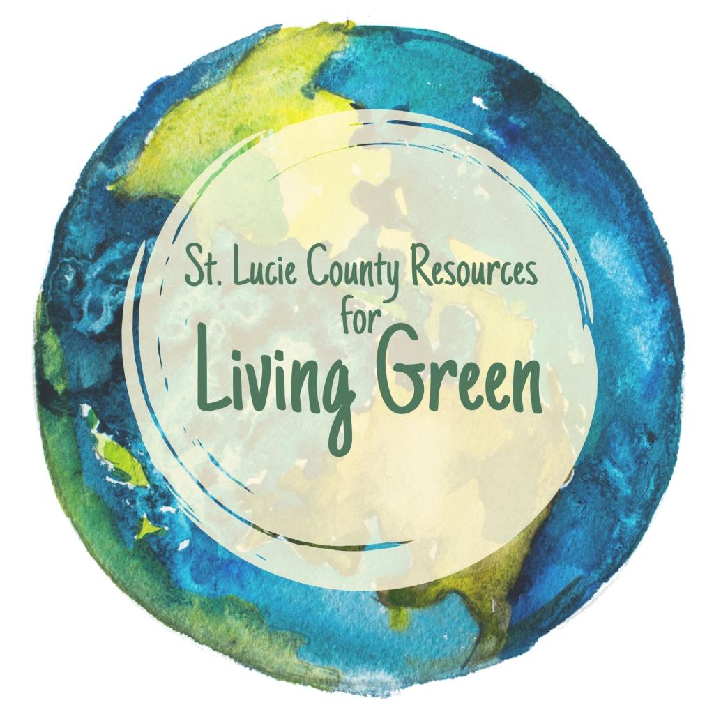 watercolor earth logo, text: St. Lucie County Resources for Living Green