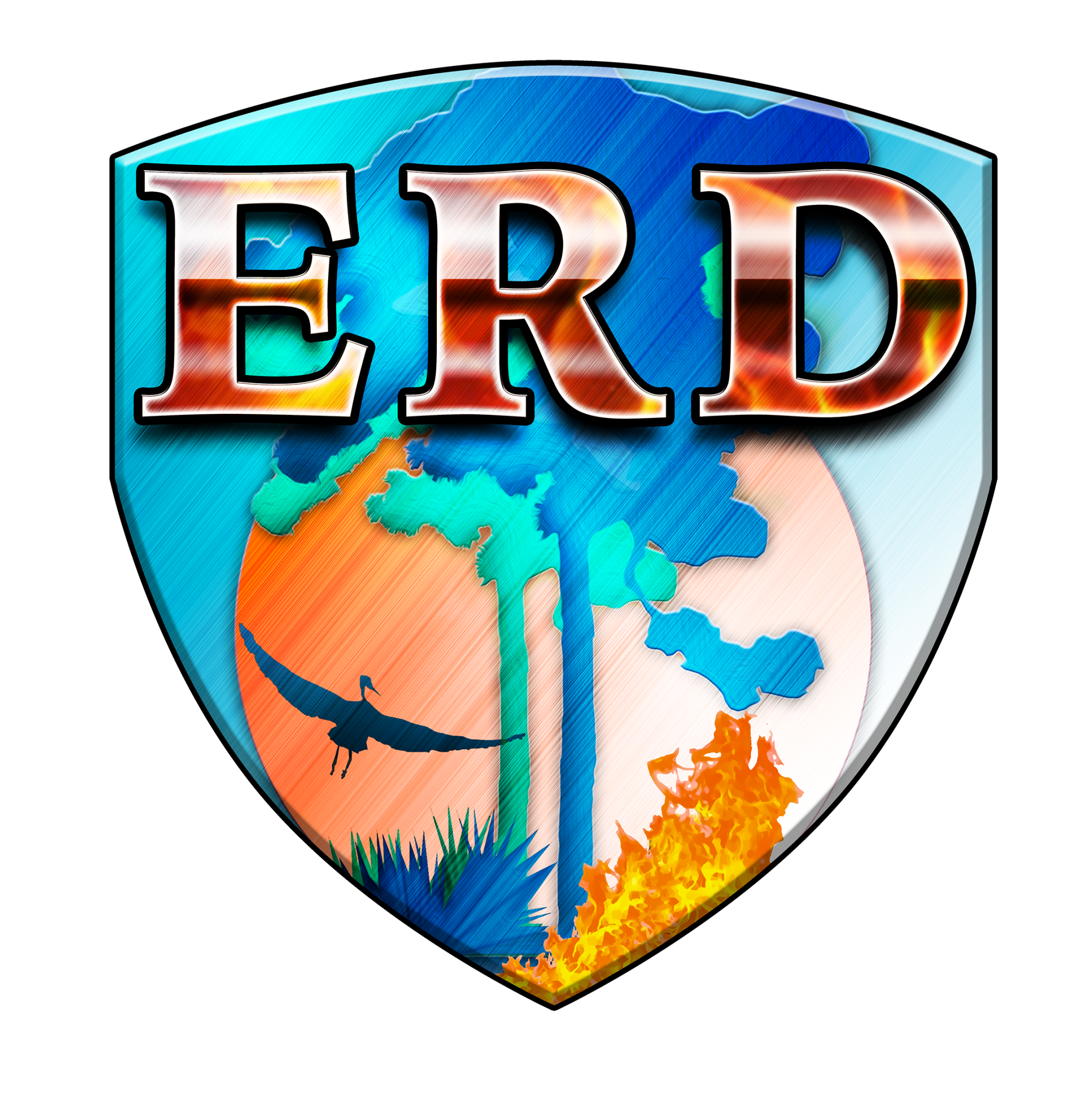 ERD logo with pine trees and flames