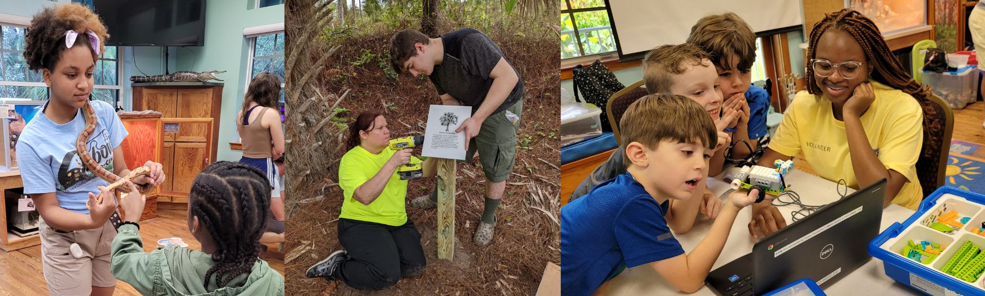 Volunteers working with students