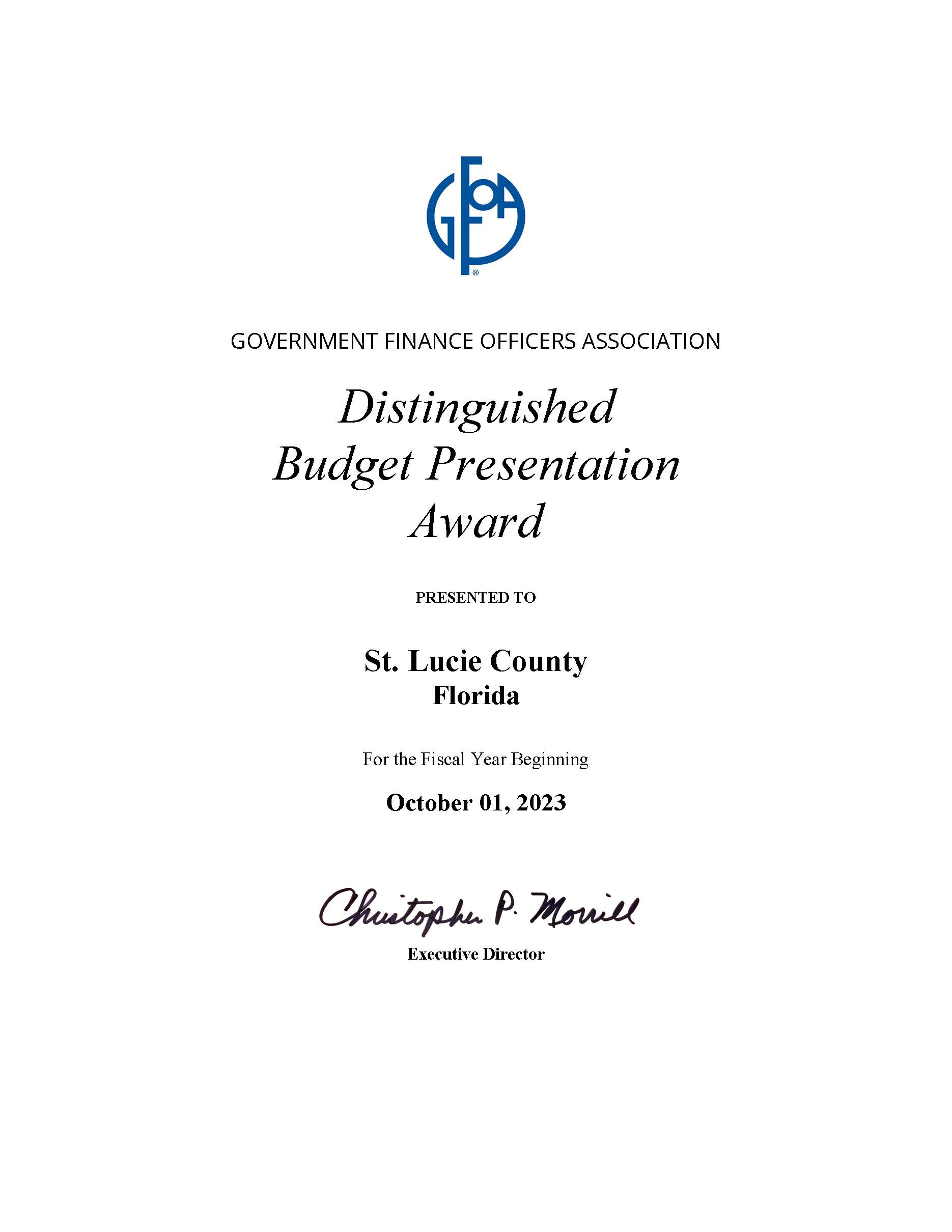 GOVERNMENT FINANCE OFFICERS ASSOCIATION Distinguished Budget Presentation Award PRESENTED TO St. Lucie County Florida For the Fiscal Year Beginning October 01, 2023