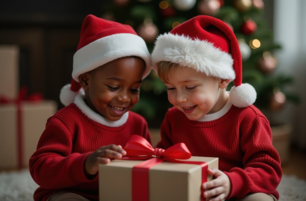 Children opening a christmas present